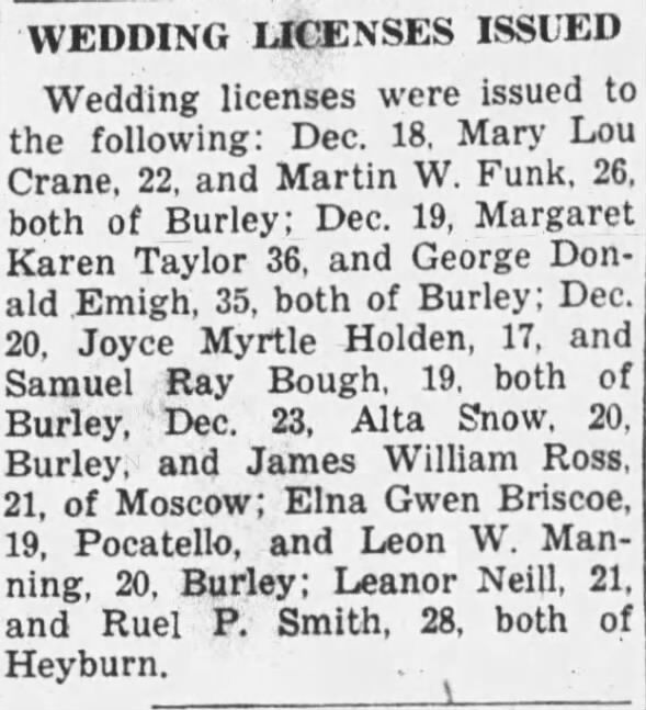 Burley Herald, Burley ID 12-26-1946 - Margaret & Donald get their marriage license